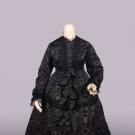 MOIRE PATTERNED SILK  MOURNING GOWN, c. 1875
