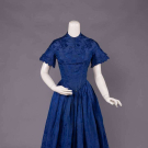 SAPPHIRE BLUE PATTERNED SILK DRESS, c. 1846