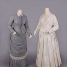 ONE DRAPED BUSTLE DRESS &amp; HUNT MOTIF DAY DRESS, c. 1884