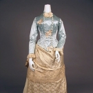 BLUE &amp; IVORY SILK BUSTLE DRESS, 1880s